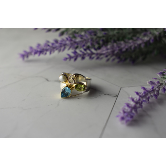 Sky Jewelry Серебряное кольцо с Жемчугом, Голубой Шпинелью и Перидотом