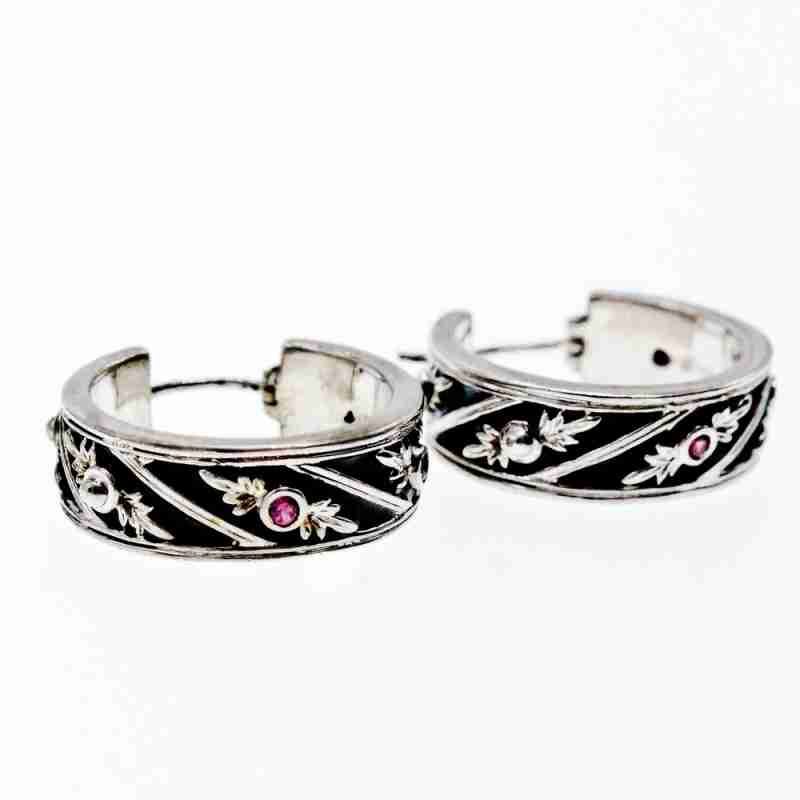 Sky Jewelry Серебряные серьги с черной эмалью и камнями розовая Шпинель