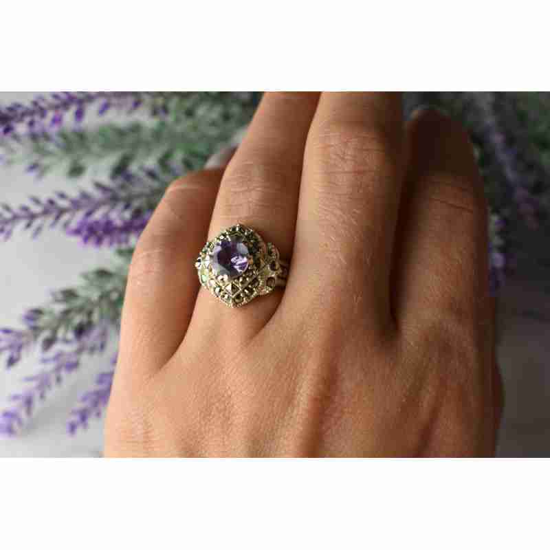 Sky Jewelry Серебряное кольцо с камнем Турмалин и Марказит