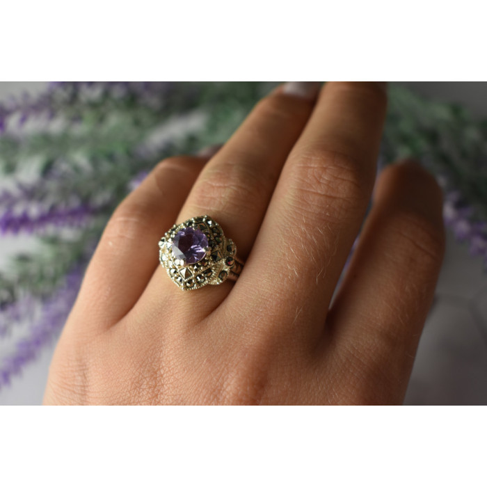 Sky Jewelry Серебряное кольцо с камнем Турмалин и Марказит