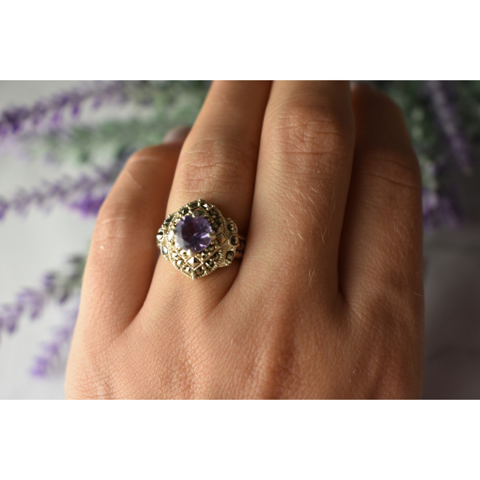 Sky Jewelry Серебряное кольцо с камнем Турмалин и Марказит