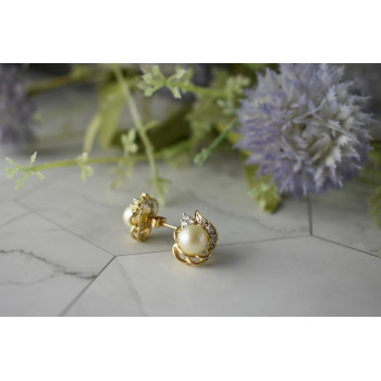 Sky Jewelry Золотые серьги 585 проба с Жемчугом и Бриллиантами