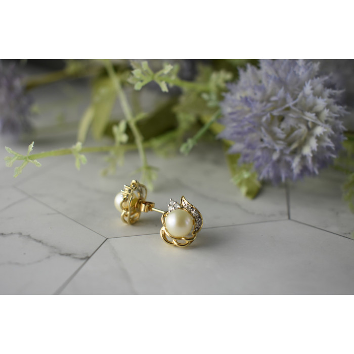 Sky Jewelry Золотые серьги 585 проба с Жемчугом и Бриллиантами