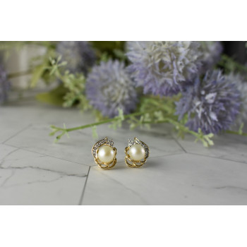 Sky Jewelry Золотые серьги 585 проба с Жемчугом и Бриллиантами