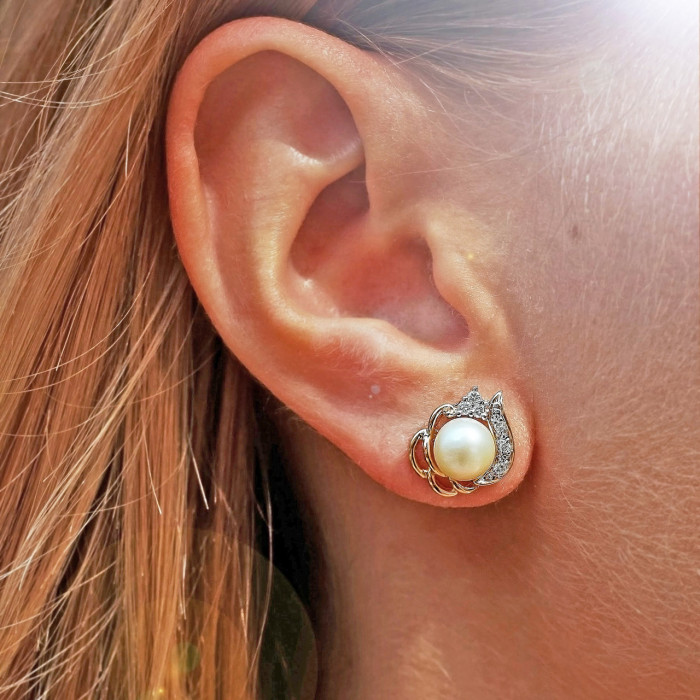 Sky Jewelry Золотые серьги 585 проба с Жемчугом и Бриллиантами