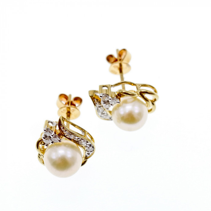 Sky Jewelry Золотые серьги 585 проба с Жемчугом и Бриллиантами