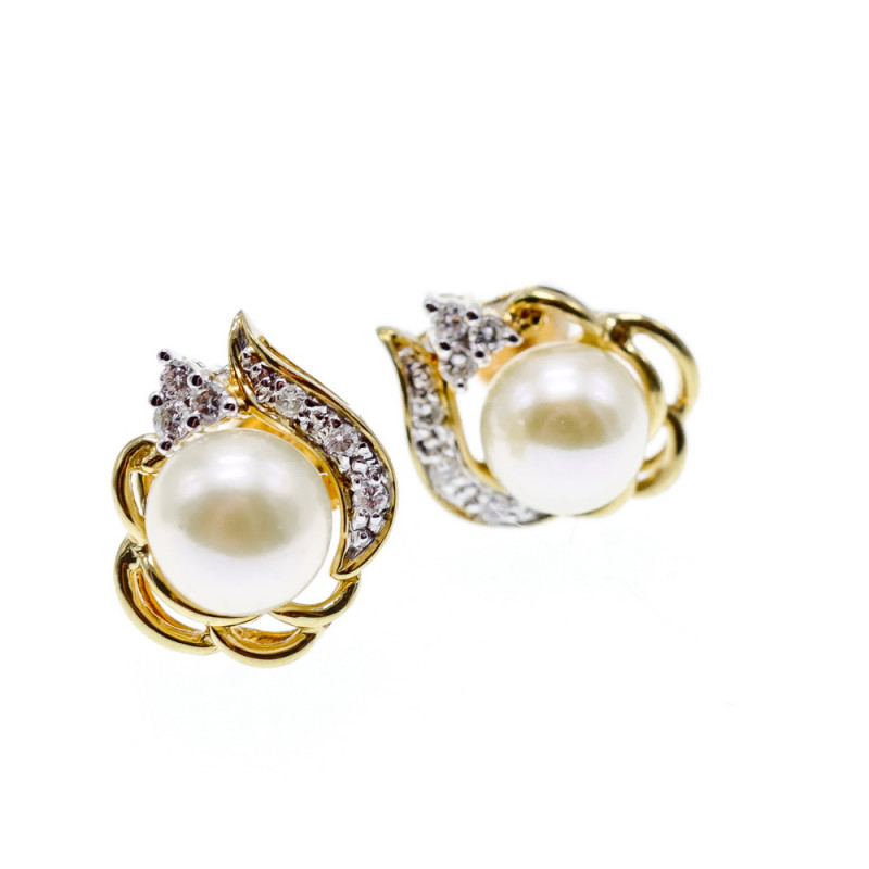 Sky Jewelry Золотые серьги 585 проба с Жемчугом и Бриллиантами