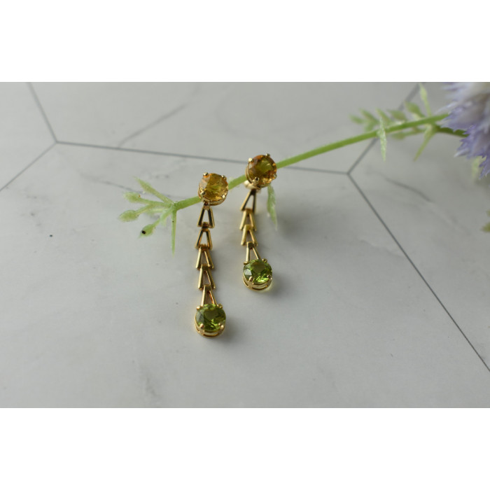 Sky Jewelry Золотые серьги-гвоздики с камнями Гелиодор и Тсаворит(Цаворит)   14К (585 проба)
