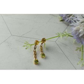 Sky Jewelry Золотые серьги-гвоздики с камнями Гелиодор и Тсаворит(Цаворит)   14К (585 проба)