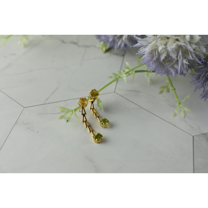 Sky Jewelry Золотые серьги-гвоздики с камнями Гелиодор и Тсаворит(Цаворит)   14К (585 проба)