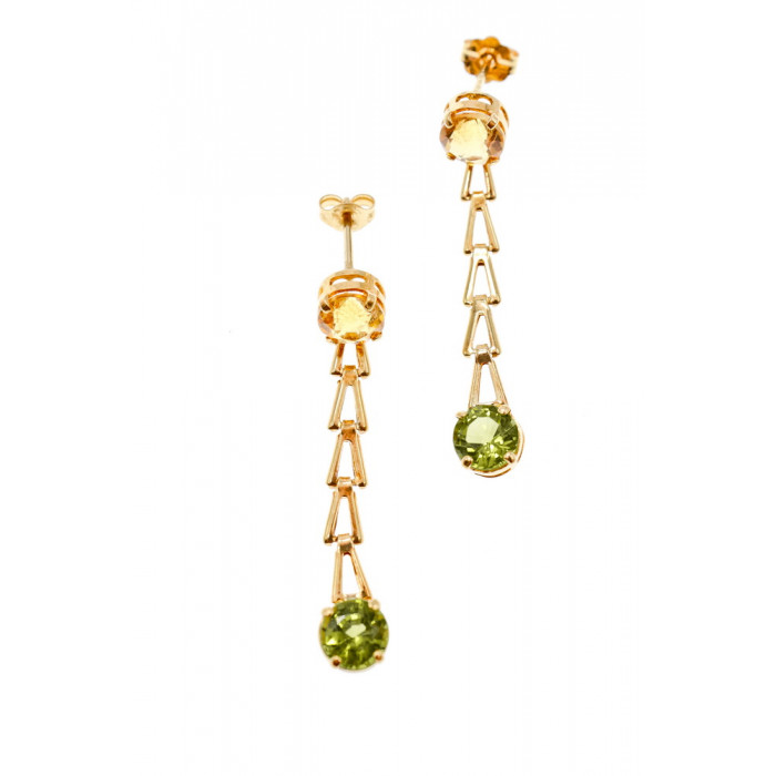 Sky Jewelry Золотые серьги-гвоздики с камнями Гелиодор и Тсаворит(Цаворит)   14К (585 проба)