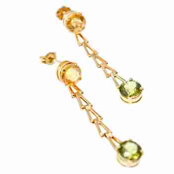 Sky Jewelry Золотые серьги-гвоздики с камнями Гелиодор и Тсаворит(Цаворит)   14К (585 проба)