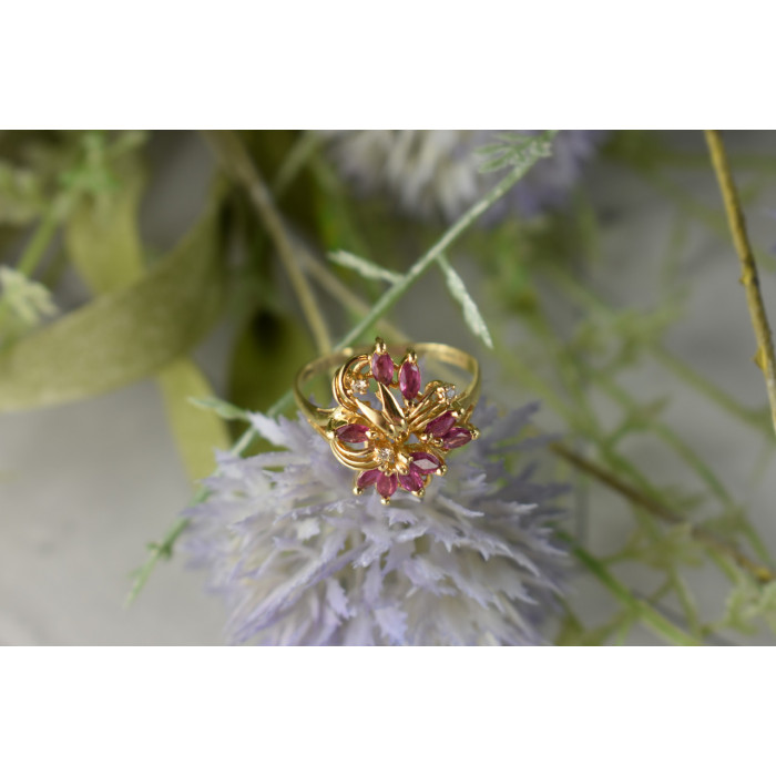 Sky Jewelry Золотое кольцо с Бриллиантами и камнями Розовая Шпинель