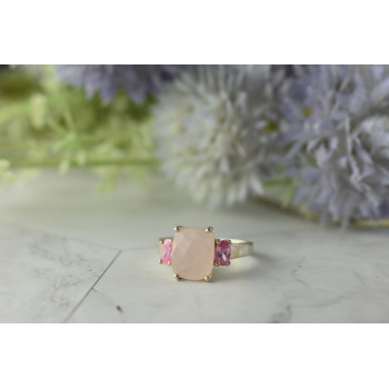 Sky Jewelry Серебряное кольцо с Розовым Кварцем и камнями Шпинель