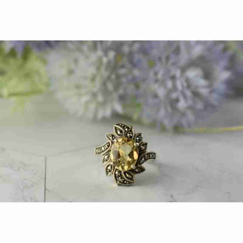Sky Jewelry Серебряное кольцо  с Цитрином и камнями Морион