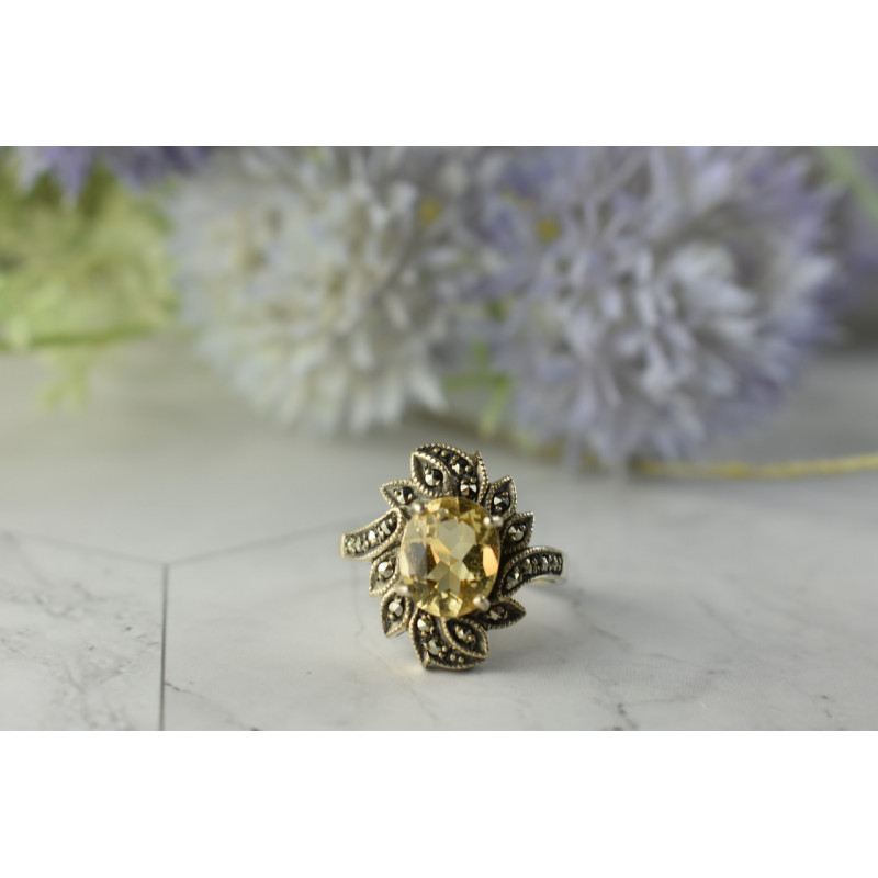 Sky Jewelry Серебряное кольцо  с Цитрином и камнями Морион