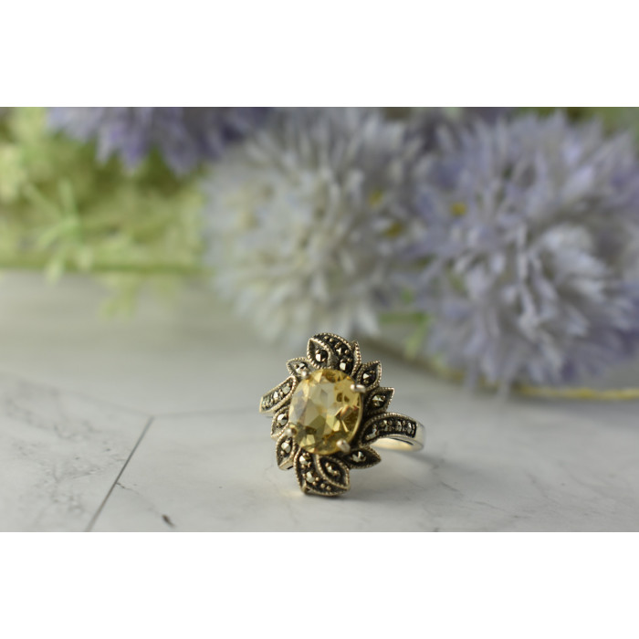 Sky Jewelry Серебряное кольцо  с Цитрином и камнями Морион