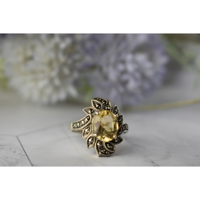 Sky Jewelry Серебряное кольцо  с Цитрином и камнями Морион