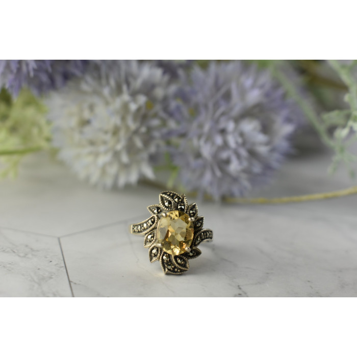 Sky Jewelry Серебряное кольцо  с Цитрином и камнями Морион