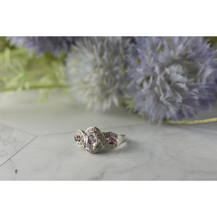 Sky Jewelry Серебряное кольцо с Морганитом и камнями Рубеллит и Кварц 925 проба