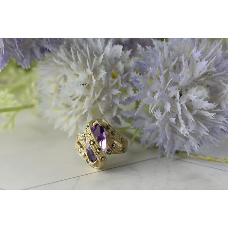 Sky Jewelry Винтажное Серебряное кольцо с Фиолетовым Турмалином и камнями Морион 925 проба