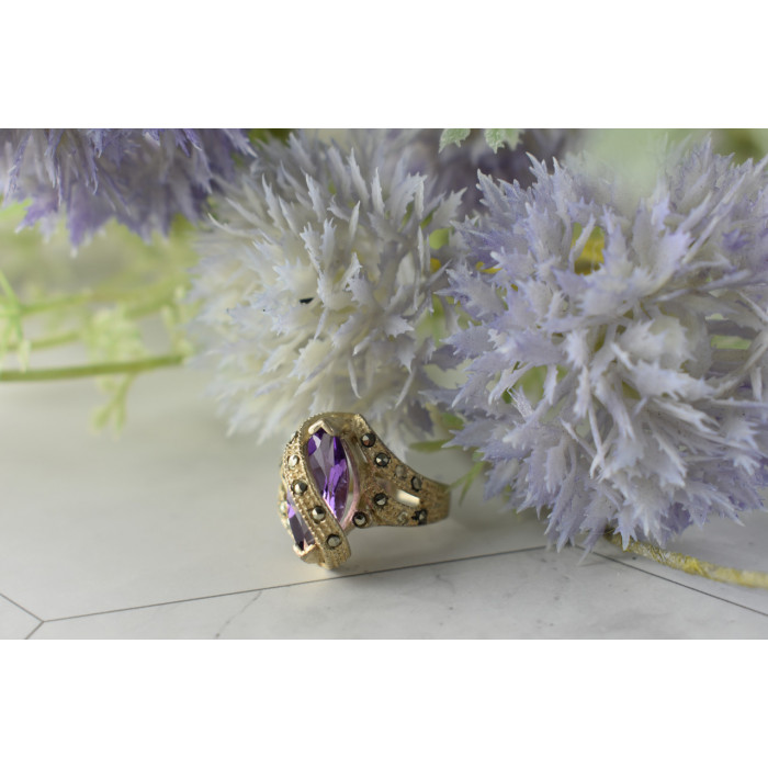 Sky Jewelry Винтажное Серебряное кольцо с Фиолетовым Турмалином и камнями Морион 925 проба