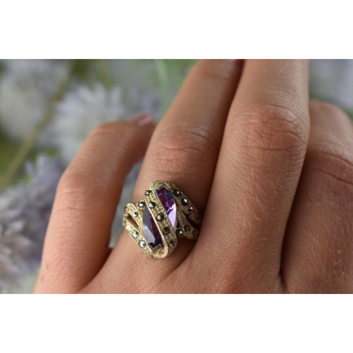 Sky Jewelry Винтажное Серебряное кольцо с Фиолетовым Турмалином и камнями Морион 925 проба