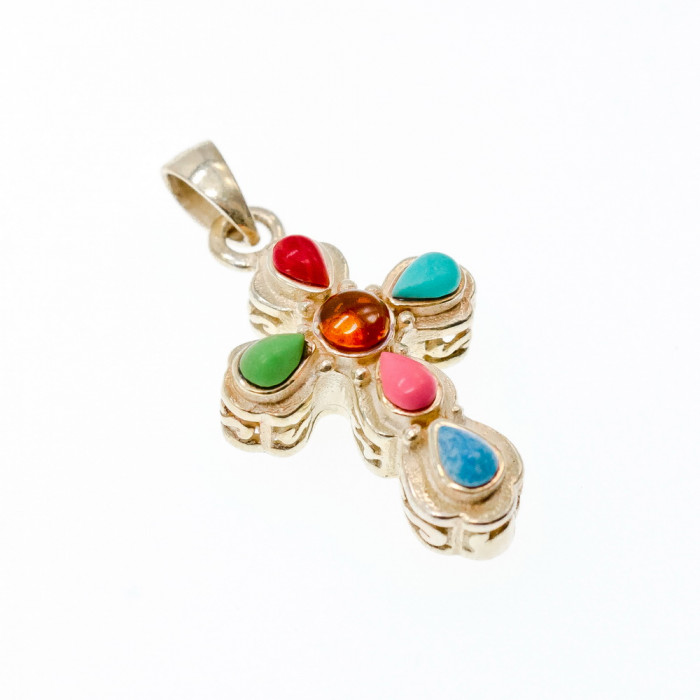 Sky Jewelry Серебряный крестик с разноцветными Агатами 925 проба