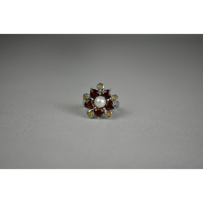 Sky Jewelry Серебряное кольцо с Альмандином, Гелиодором и Жемчугом