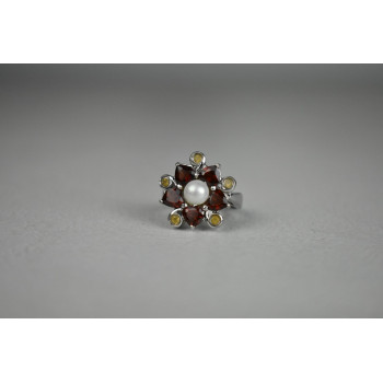 Sky Jewelry Серебряное кольцо с Альмандином, Гелиодором и Жемчугом
