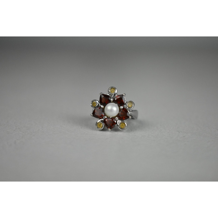 Sky Jewelry Серебряное кольцо с Альмандином, Гелиодором и Жемчугом