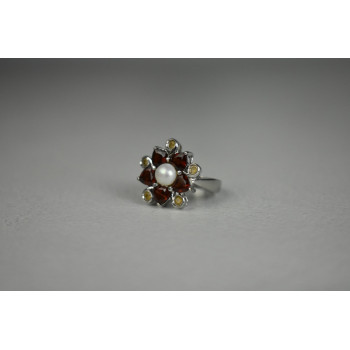Sky Jewelry Серебряное кольцо с Альмандином, Гелиодором и Жемчугом