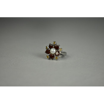 Sky Jewelry Серебряное кольцо с Альмандином, Гелиодором и Жемчугом