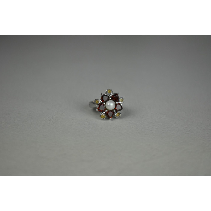Sky Jewelry Серебряное кольцо с Альмандином, Гелиодором и Жемчугом