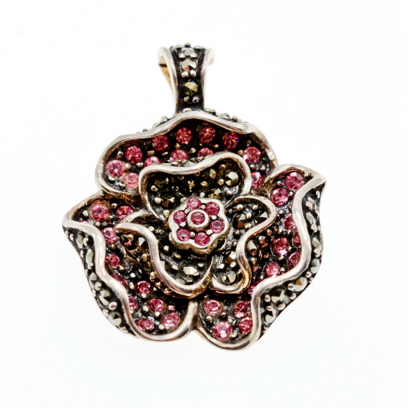 Sky Jewelry Серебряный Кулон  925 проба с камнями Черная и Розовая  Шпинель  *Роза*