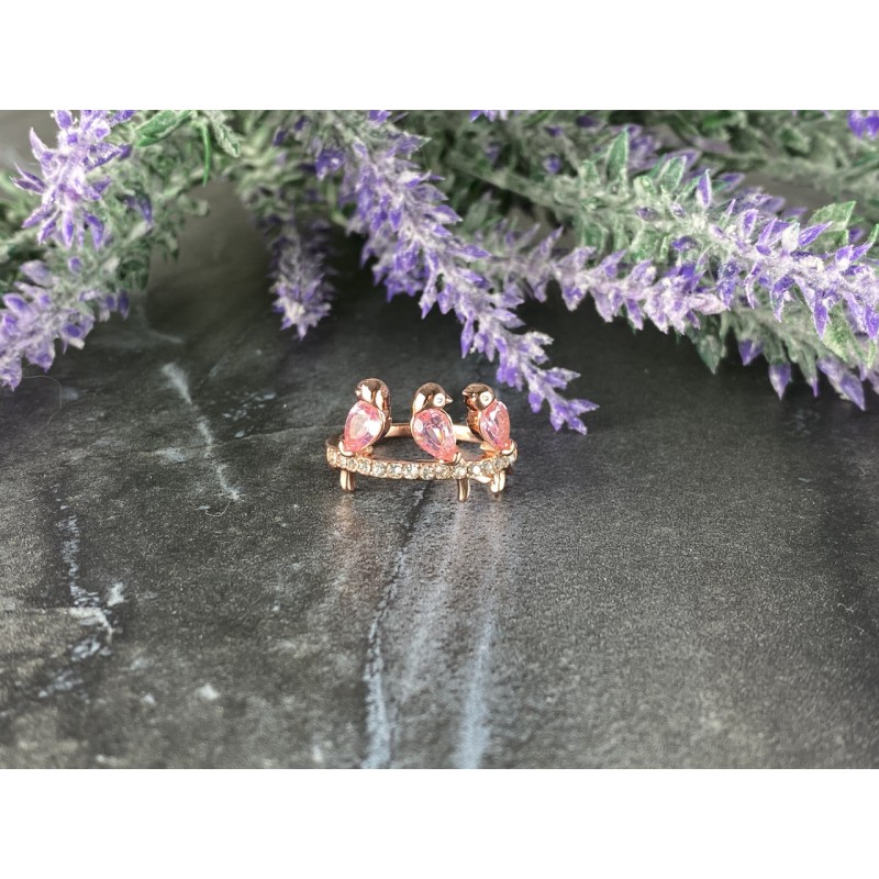 Sky Jewelry Серебряное кольцо 925 проба в розовой позолоте с Розовым Сапфиром и Фианитами *Птицы