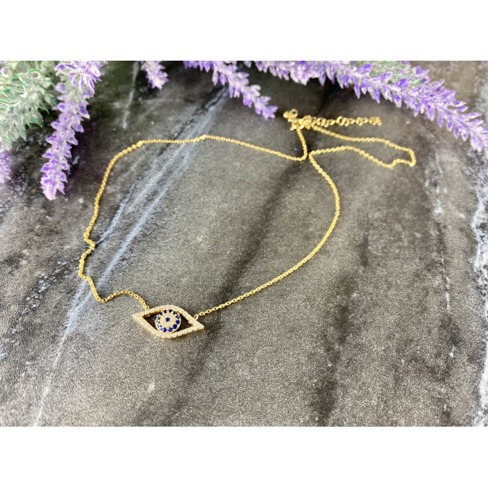 Sky Jewelry Серебряное ожерелье с камнями Турмалин Параиба и Фианитами *Глаз-Оберег