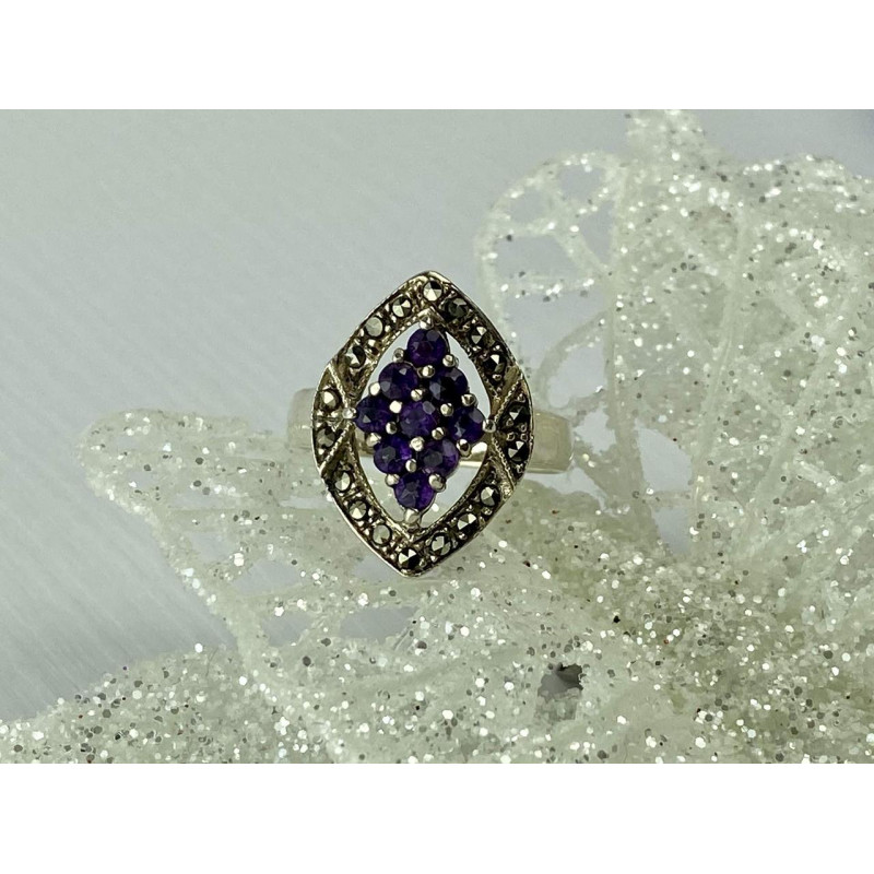 Sky Jewelry Серебряное кольцо с Фиолетовым Турмалином и камнями Морион
