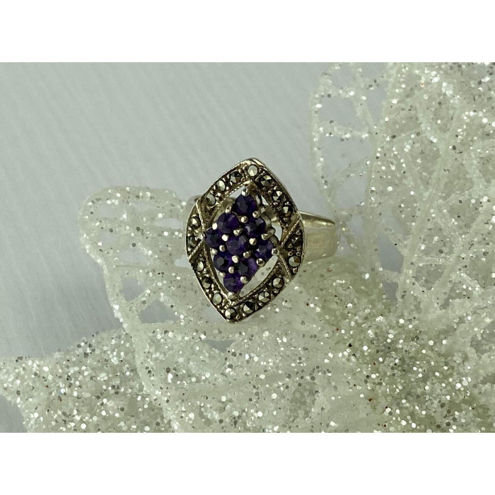 Sky Jewelry Серебряное кольцо с Фиолетовым Турмалином и камнями Морион