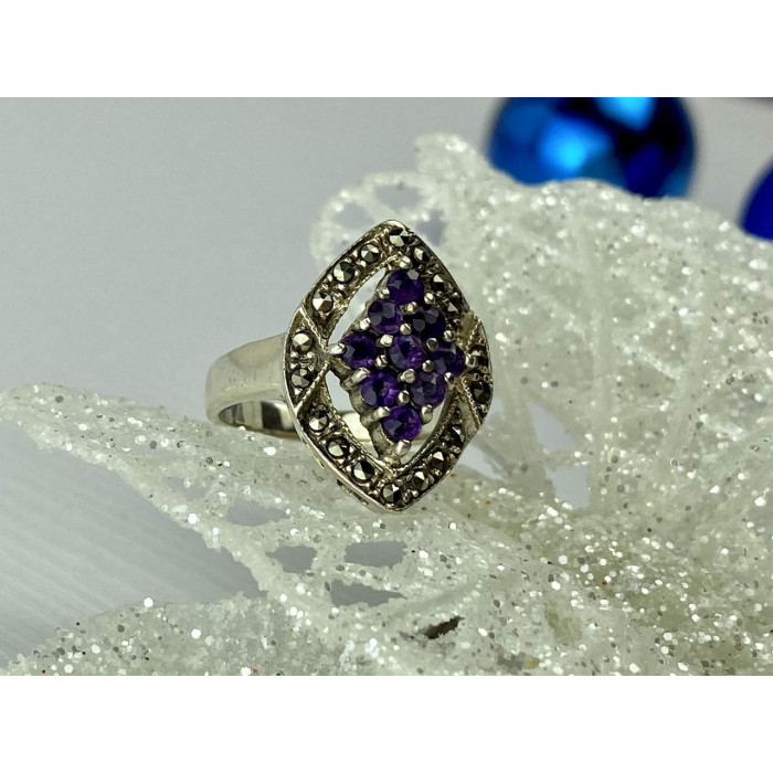 Sky Jewelry Серебряное кольцо с Фиолетовым Турмалином и камнями Морион