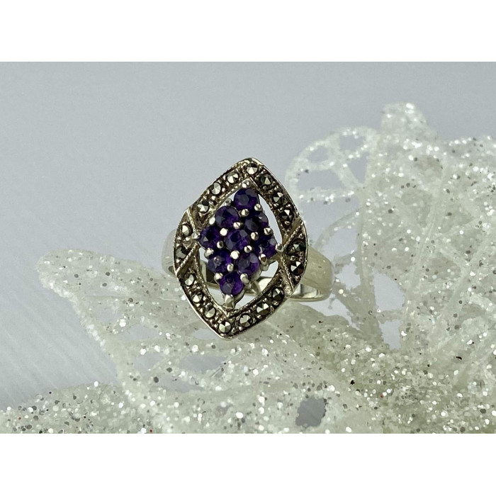 Sky Jewelry Серебряное кольцо с Фиолетовым Турмалином и камнями Морион