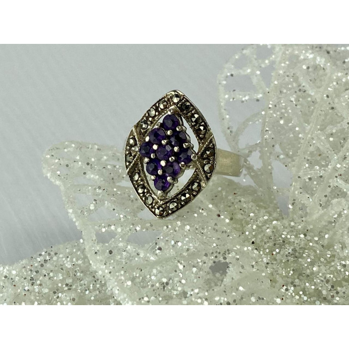 Sky Jewelry Серебряное кольцо с Фиолетовым Турмалином и камнями Морион