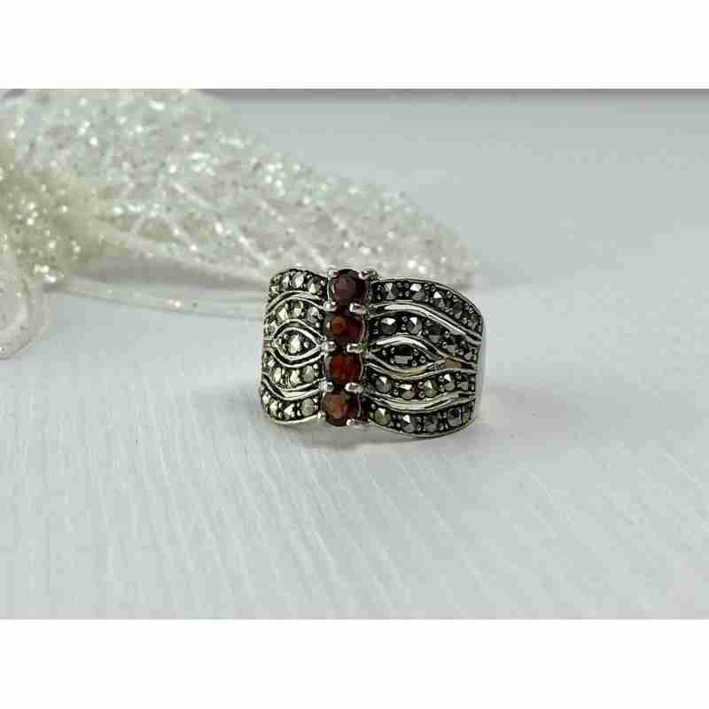 Sky Jewelry Серебряное кольцо с камнями Спессартин и Морион