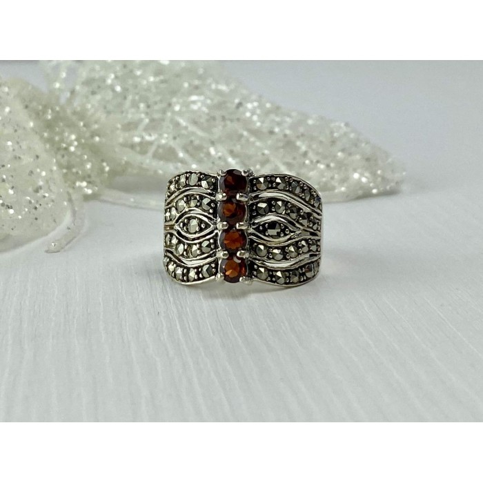 Sky Jewelry Серебряное кольцо с камнями Спессартин и Морион