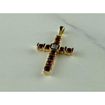 Sky Jewelry Золотой Крестик с Рубинами и Бриллиантом  14К (585 проба)