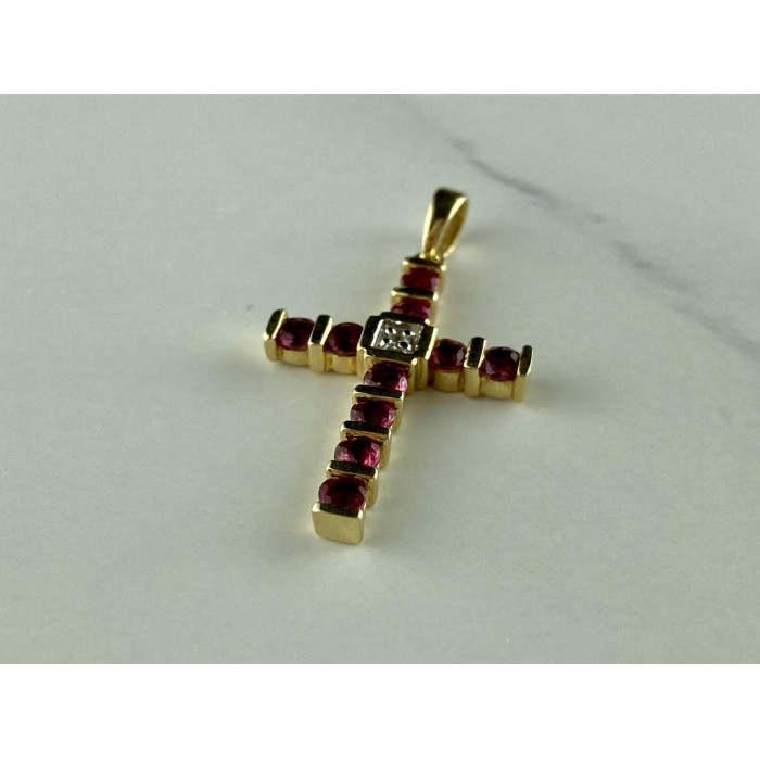 Sky Jewelry Золотой Крестик с Рубинами и Бриллиантом  14К (585 проба)