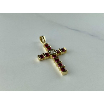 Sky Jewelry Золотой Крестик с Рубинами и Бриллиантом  14К (585 проба)
