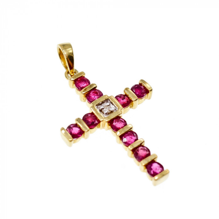 Sky Jewelry Золотой Крестик с Рубинами и Бриллиантом  14К (585 проба)