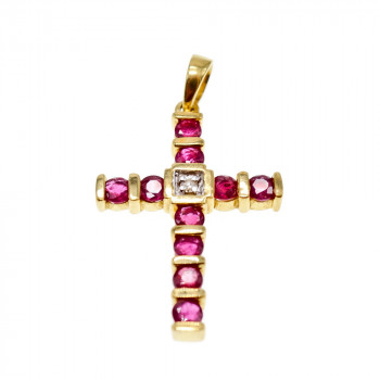 Sky Jewelry Золотой Крестик с Рубинами и Бриллиантом  14К (585 проба)