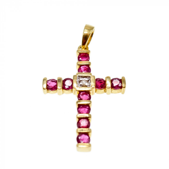 Sky Jewelry Золотой Крестик с Рубинами и Бриллиантом  14К (585 проба)